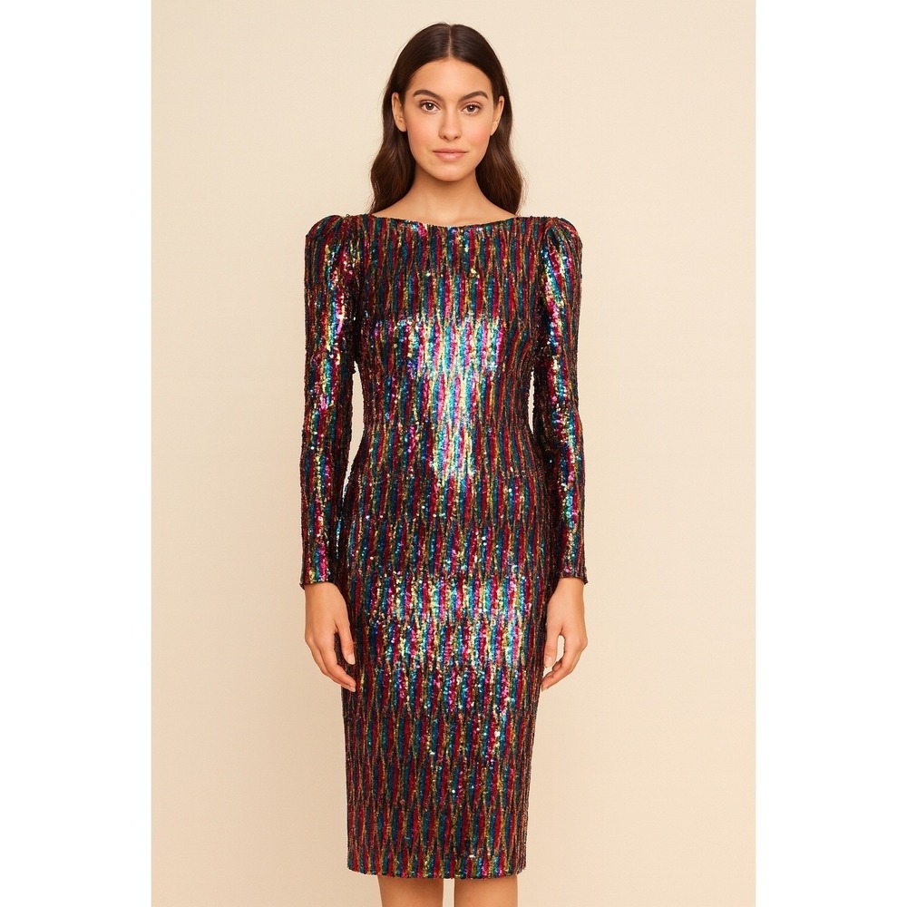 Dress The‎ Population Sequin Midi Dress in Rainbow sz M